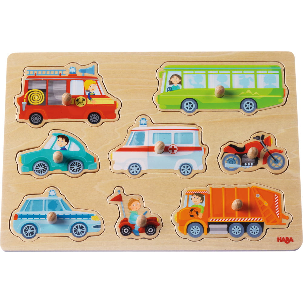 Vesela barvna sestavljanka za otroke od 12 mesecev dalje. Sestavljanka z motivi prevoznih sredstev pomaga razvijati otroško logiko in fine motorične